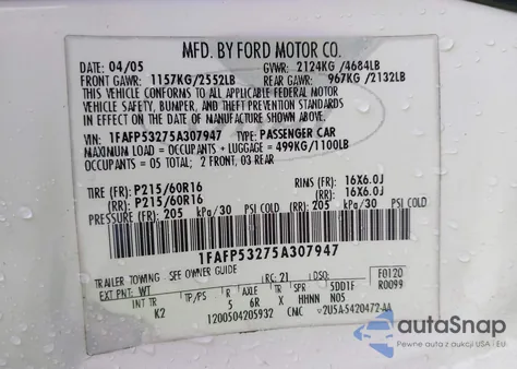 2005 Ford Taurus Se from USA, damaged, VIN 1FAFP53275A307947